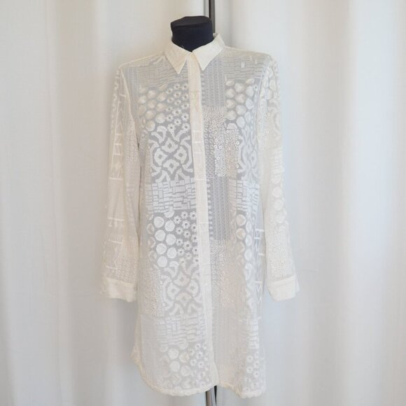 Alice + Olivia Tanisha White Embroidered Patchwork Button Down Tunic Shirt Sz S - Picture 2 of 9